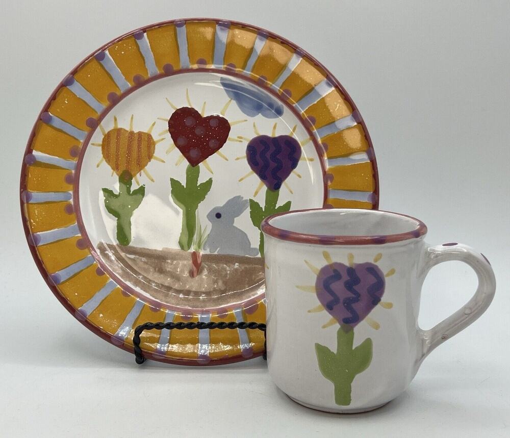 Rabbit Heart Flowers Childs Dining Set Plate Cup Hand Painted Pottery Hungary